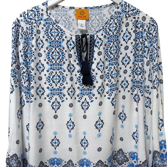 Ruby Rd. Peasant Top Size Medium Blue White Boho Long Sleeve Womens Blouse - Picture 2 of 10